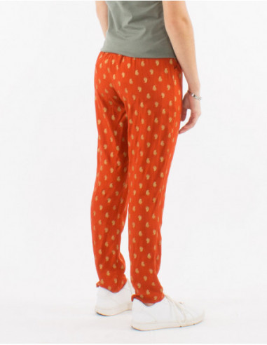Pantalon rouille léger pour l'été à poches imprimé boho feuilles dorés pour femme