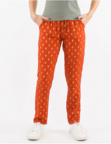 Women's comfortable rust cotton summer boho pants with golden leaves