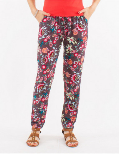 Lightweight straight pants for summer with chocolate brown floral bohemian print
