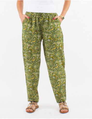 Khaki green bohemian floral print summer pants for women