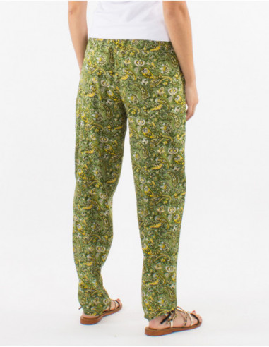 Original flowing pants for women with small khaki green flowers