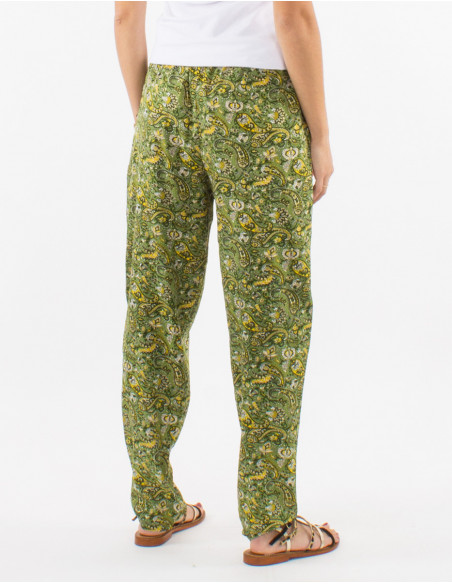 Original flowing pants for women with small khaki green flowers