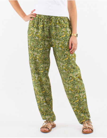 Pantalon fluide original pour femme à motifs petites fleurs vert kaki