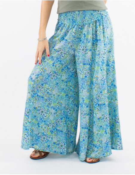 Women's flowing wide-leg pants with romantic smock at the waist mint green