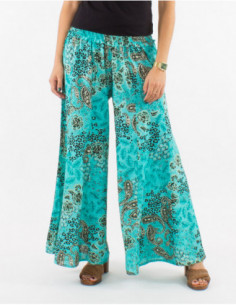 Pantalon oversize fluide pour l'été à imprimé cachemire doré bleu turquoise