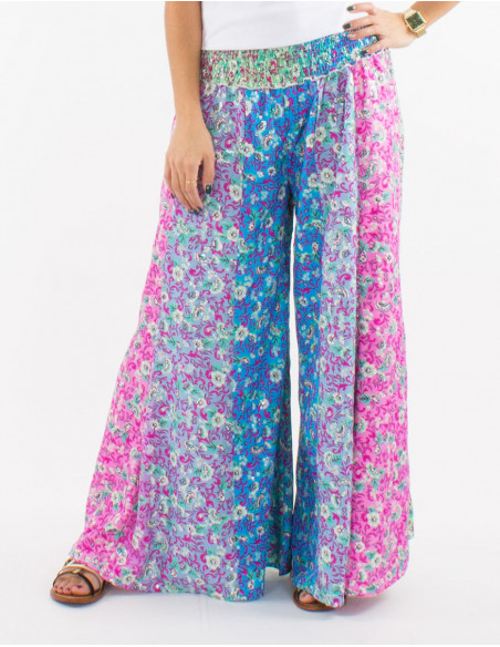Pantalon extra large fluide confortable femme pour l'été à motif petites fleurs bohème pastel rose