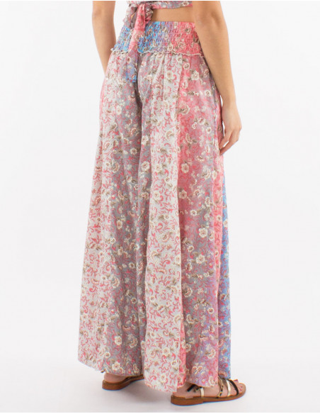 Pantalon oversize printanier pour femme à imprimé boho chic pastel fleurs rose saumon