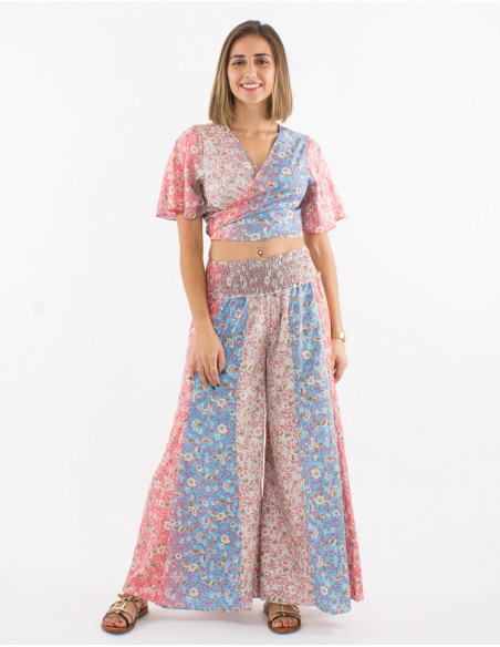 Original summer look crop top and pants with multicolor pastel print