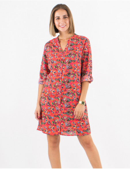Women's cotton short dress for summer with floral bohemian print