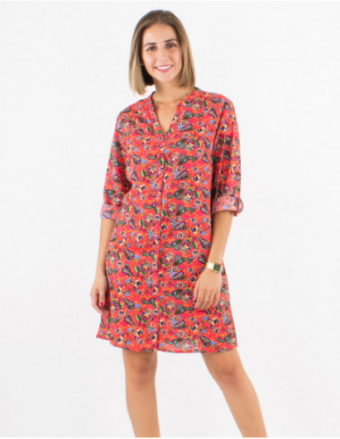 Original bohemian short shirt dress with coral pink paisley print for summer