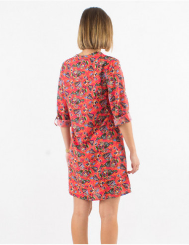 Robe chemise courte pour le printemps à manches 3/4 motif cachemire bohème corail