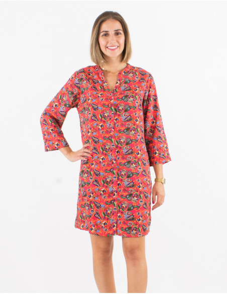 Robe courte en coton femme pour l'été à imprimé estival bohème fleuri corail