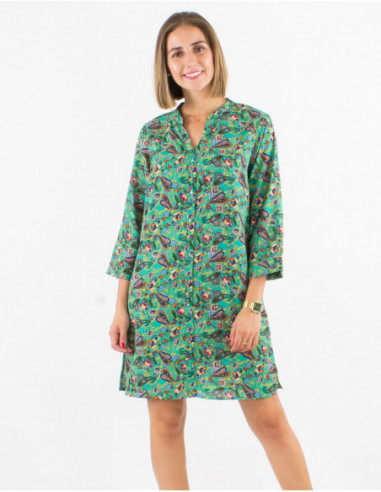 Original bohemian short shirt dress with emerald blue paisley print for summer