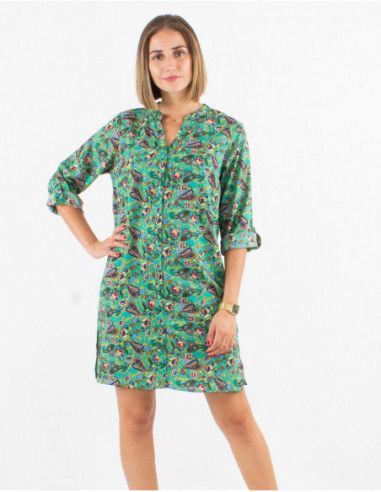 Robe courte en coton femme pour l'été à imprimé estival bohème fleuri bleu émeraude