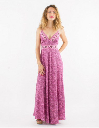 Robe longue femme légère été à motif bohème végétal rose