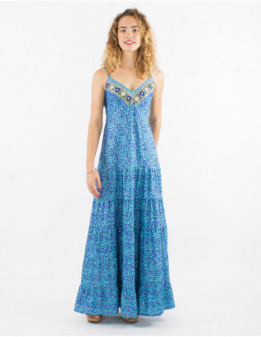 Turquoise blue ethnic arabesque ruffled long dress
