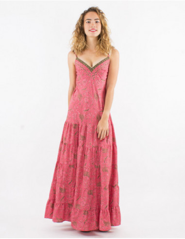 Robe longue à volants à motif ethnique cachemire rose corail
