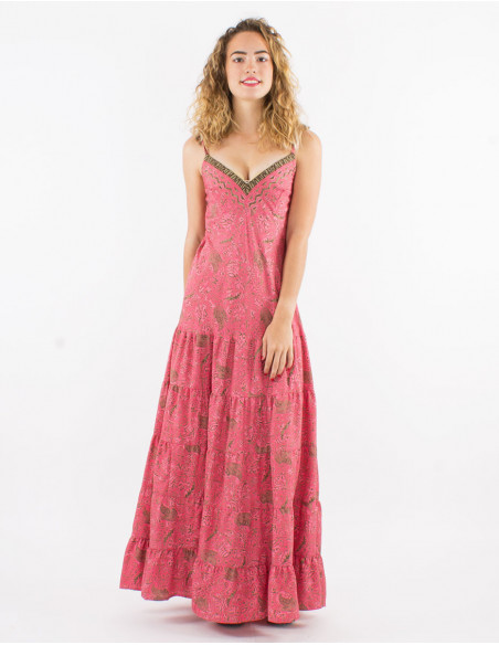 Long dress with ruffles in ethnic paisley pink coral