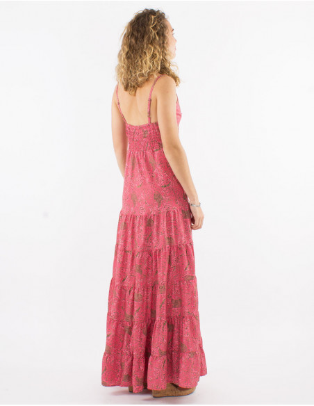 Fluid long dress with ruffles in original coral pink paisley print