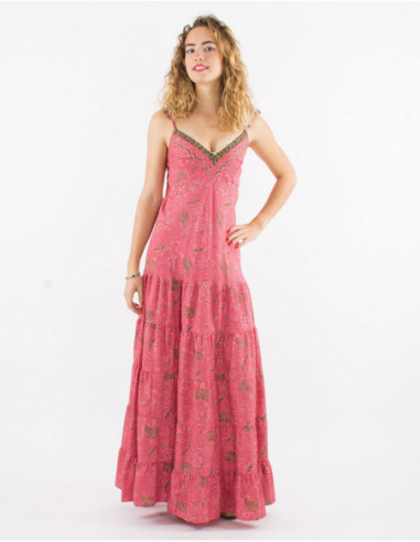 Robe longue femme originale ethnique avec motifs cachemires rose corail