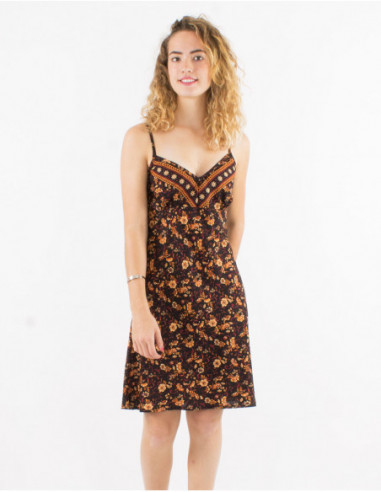 Little boho chic summer dress with black floral pattern