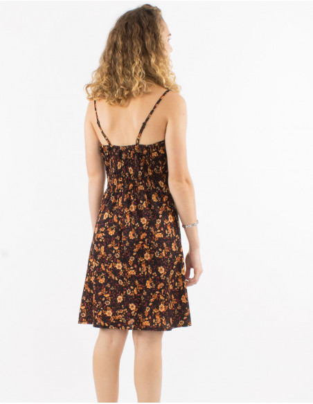 Short dress with thin straps for summer with small black flowers