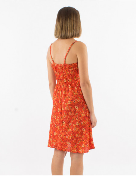 Robe courte à fines bretelles pour l'été avec petites fleurs oranges
