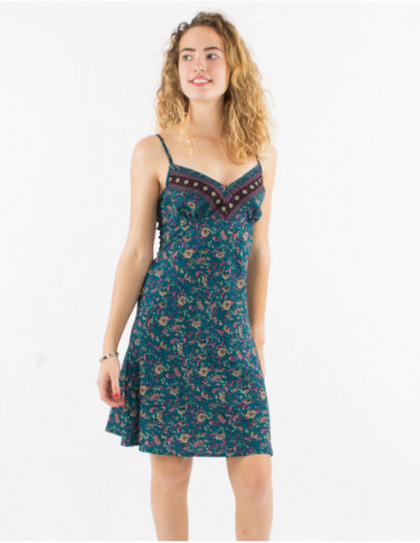 Little boho chic summer dress with petrol blue flowers