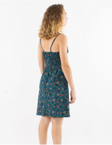 Robe courte à fines bretelles pour l'été avec petites fleurs bleu pétrole