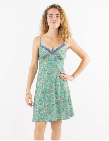 Robe d'été fluide femme avec imprimé bohème fleuri vert menthe