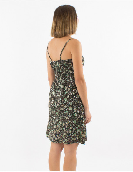 Robe courte d'été col V à motifs noir argentés