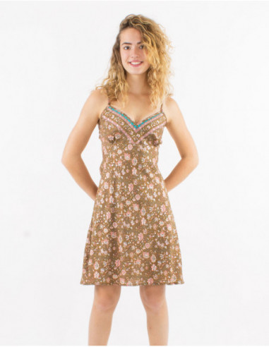 Short summer dress V-neck patterned brown taupe silver