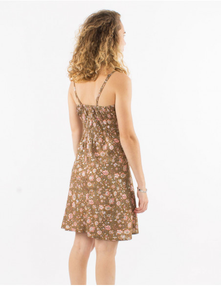 Short light summer dress with boho print brown taupe