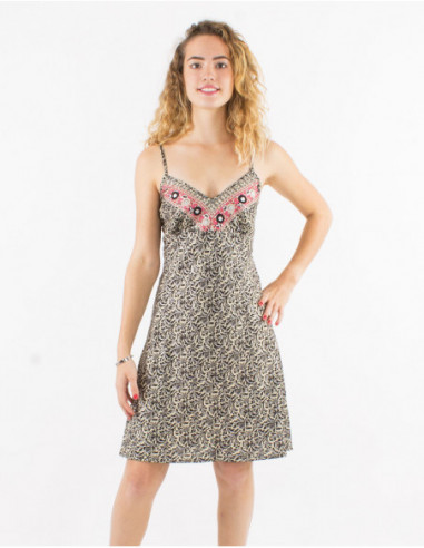 Lightweight mid-length dress with thin straps woman ethnic pattern beige