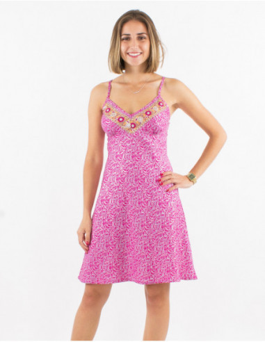 Lightweight mid-length dress with thin straps woman ethnic pattern lilac