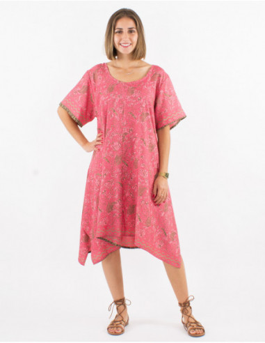 Women's wide beach dress with coral pink ethnic pattern