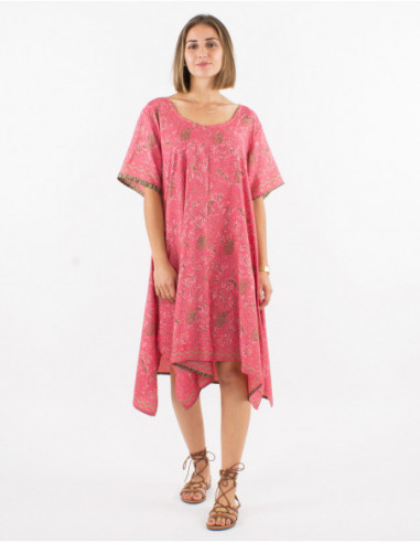 Women's wide beach dress with coral pink ethnic pattern