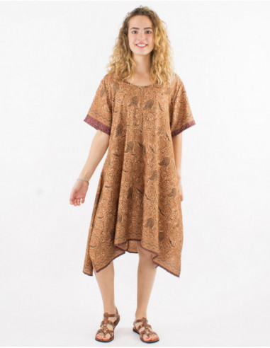 Wide beach dress for women with ethnic pattern taupe