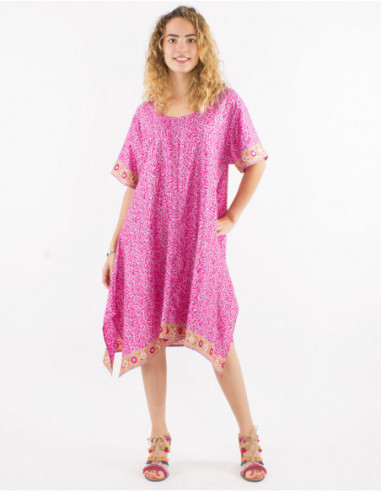 Women's mid-length beach dress with lilac arabesque pattern