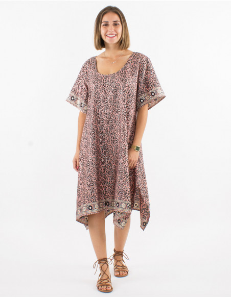 Mid-length beach dress for women with beige arabesque pattern