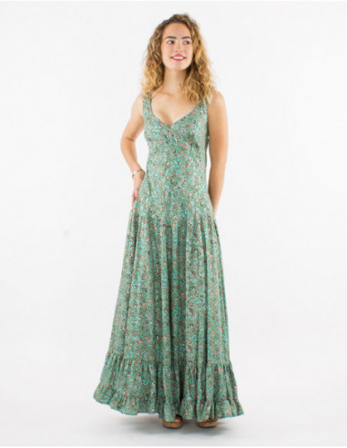 Lightweight flowing long dress for women with mint print and small silver flowers