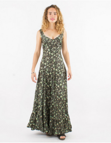 Light and flowing long dress for women with black print and small silver flowers