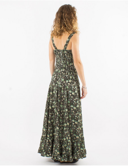 Black long dress spring 2023 with ruffles and small flowers