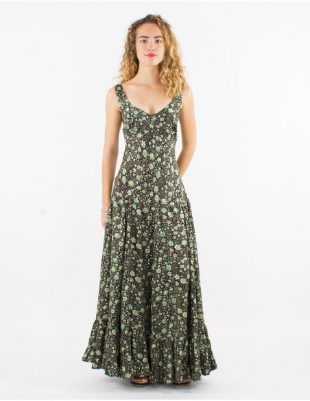 Bohemian chic long dress with black floral print