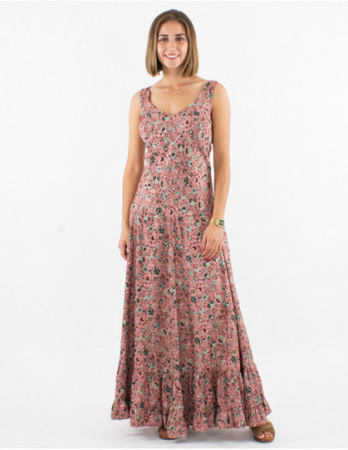 Light and flowing long dress for women with pink print and small silver flowers