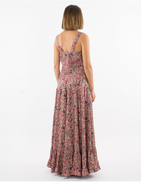 Pink long dress spring 2023 with ruffles and small flowers