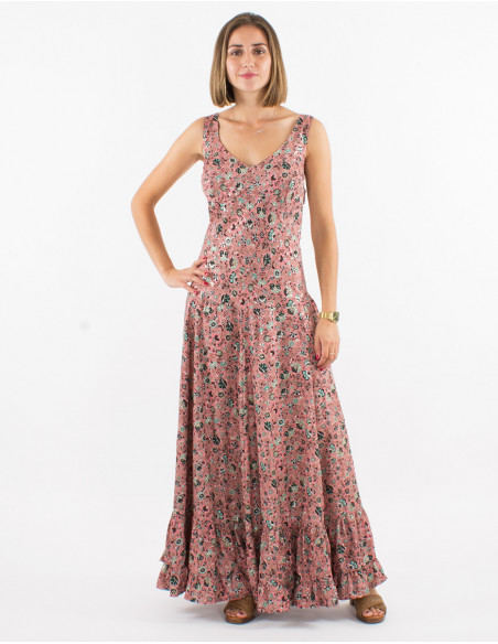 Bohemian chic long dress with pink floral print