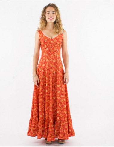 Robe longue d'été volant sur le bas motif bohème petites fleurs orange