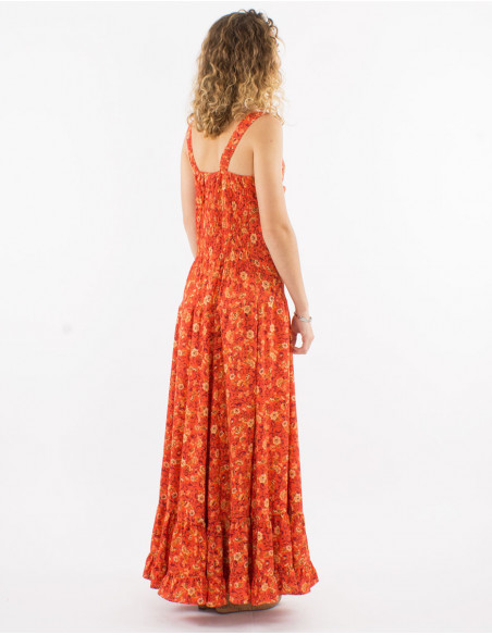Lightweight summer long dress with orange flower print