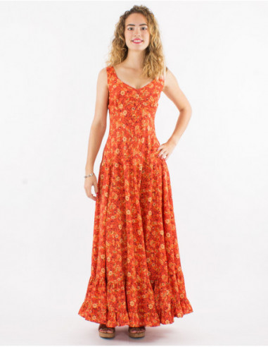 Robe longue sexy évasée à motifs petites fleurs orange